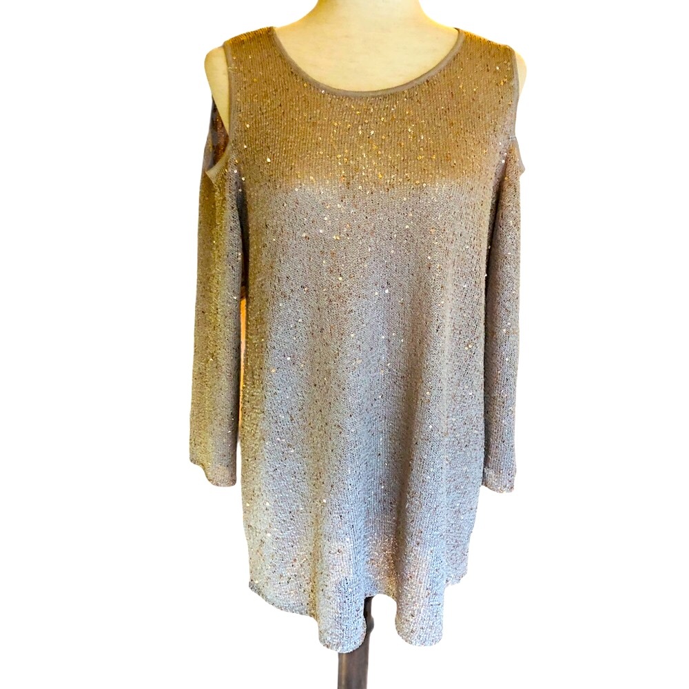 Alfani Cold Shoulder Tunic Champagne Sequins Top & Matching Cami Scoop Neck - Picture 5 of 10